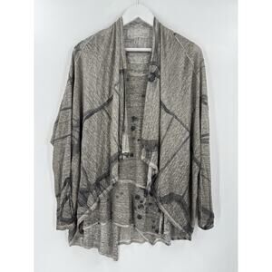 Grizas Blouse Cardigan Set Womens Small/Large Beige Gray 100% Linen Abstract
